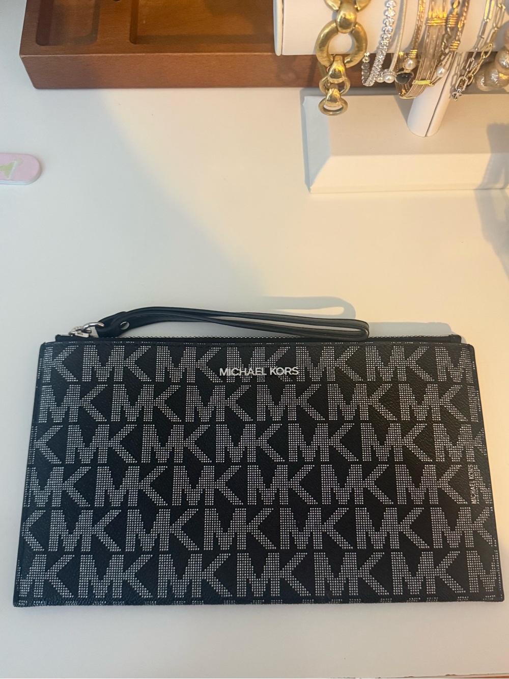 Michael Kors Black and Gray MK Logo Wristlet Pouch